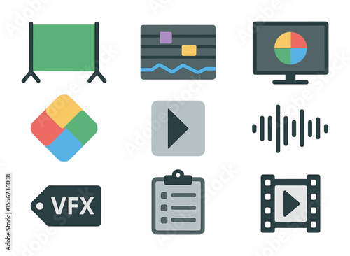 Post-Production Icon Set. Flat icon set of post-production references during filming: green screen panel,