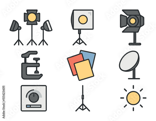 Movie Lighting Icons. Flat icon set of movie lighting techniques: three-point lighting, softbox, barn doors,