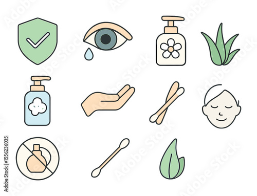 Sensitive Skin Icons. Flat icon set of sensitive skin cleansing products: hypoallergenic label, tear-free icon