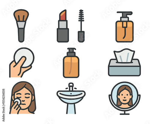 Makeup Icons Grid. Flat icon set of makeup application vs. removal: foundation brush, lipstick stick, mascara