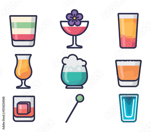 Artistic Drink Icons. Flat icon set of artistic drink presentation: layered drink, edible flower garnish, ombr