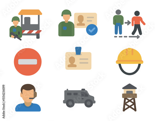 Security Icons Grid. Flat icon set of security and access control for aid: guarded checkpoint, ID verification