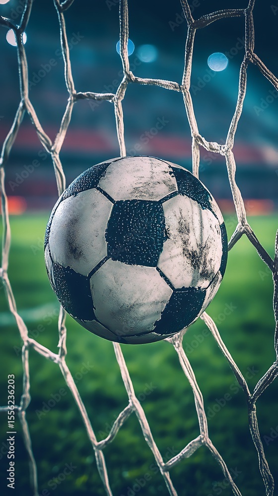 Naklejka premium Soccer Ball Stuck in Net Close Up at Stadium with Selective Focus and Vintage Tone