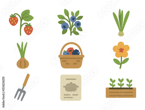Edible Garden Icons. Flat icon set of edible native plant gardens: wild strawberry, blueberry bush, perennial