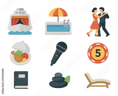 Cruise Entertainment Icons. Flat icon set of onboard entertainment: ship theater, pool deck, dancing couple,