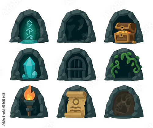 Mythical Cave Icons. Flat icon set of mythical and fantasy caves: glowing runes, dragon shadow, treasure chest