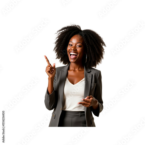 Joyful Black Businesswoman with a Great Idea, Pointing Upwards and Smiling