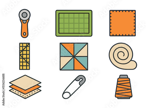 Quilting Tools Icons. Flat icon set of quilting essentials: rotary cutter, cutting mat, fabric square,