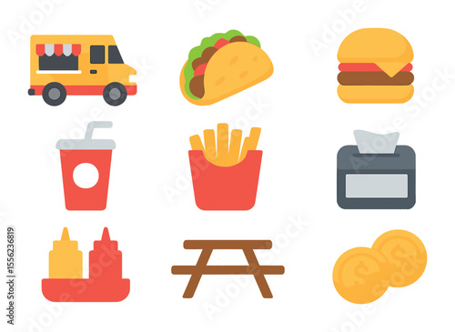 Food Truck Icons. Flat icon set of food truck festivals: food truck, taco, burger, soda cup, fries, napkin