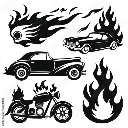 Flame silhouettes in classic 90s style, motorcycle and hot rod car style. Old school, retro tattoos. Black and white flame silhouette and outline style. 