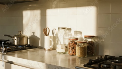 Sunlit Kitchen Counter with Jars and Cooking Utensils