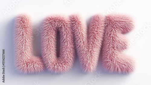 The word LOVE is made of soft pink fur, 3D typography, white background with copy space