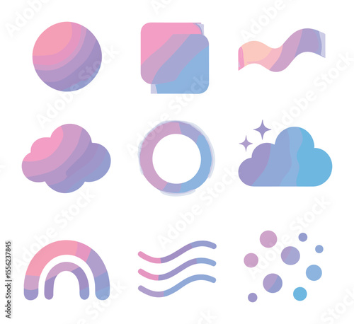 Dreamy Abstract Icons. Solid, filled icons set of dreamy abstract forms: soft orb, faded layer, glow wave,