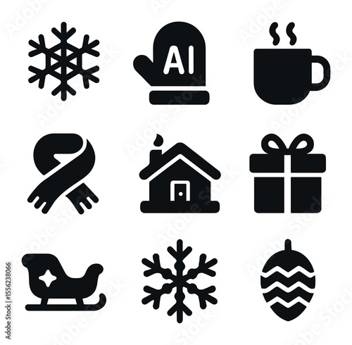 AI Winter Icons. Solid, filled icons set of AI-generated winter holidays: snowflake mesh, AI mitten, warm mug,
