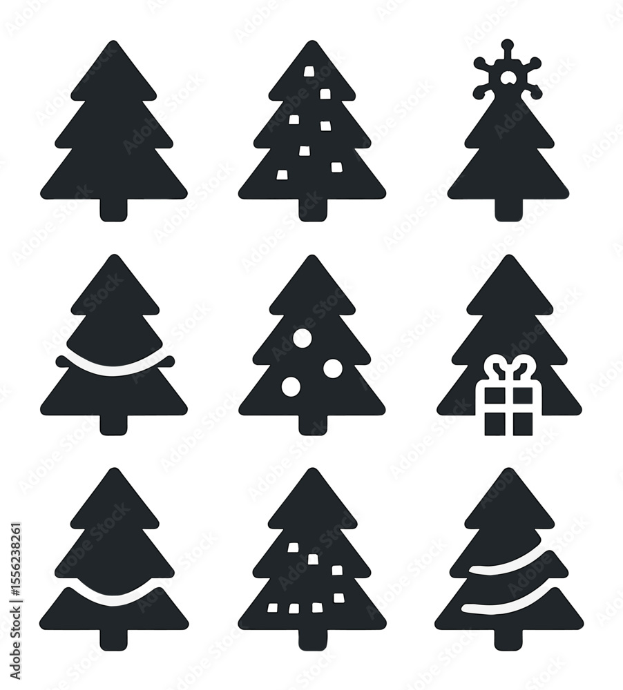 Fototapeta premium AI Christmas Tree Icons. Solid, filled icons set of AI Christmas tree icons: tree outline, pixel lights,