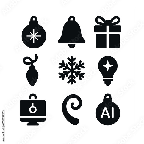 Holiday Ornament Icons. Solid, filled icons set of holiday ornaments AI icons: bauble glow, bell shape, ribbon
