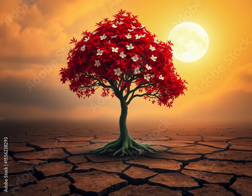 A bright red tree with white flowers grows on the cracked ground under the shining moon, representing contrast and resilience.