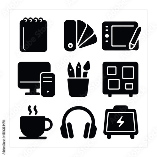 Creative Studio Icons. Solid, filled icons set of creative studio spaces: sketchpad, color palette, drawing