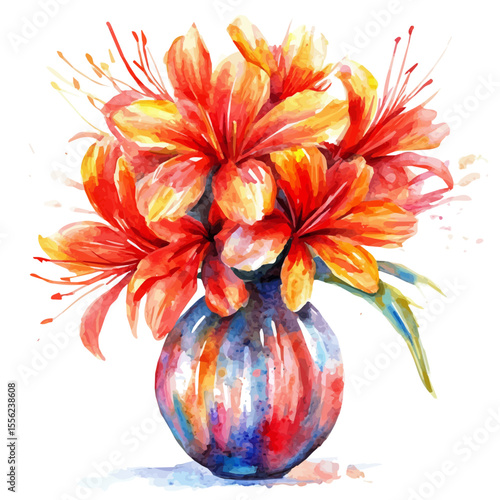 watercolor vector of A Firecracker Flower In A Vase, isolated on a white background.
