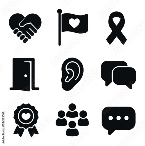 Workplace Allyship Icons. Solid, filled icons set of allyship in the workplace: heart handshake, support flag,