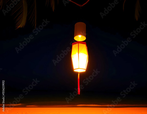Glowing lantern hanging in the dark, casting a warm orange-red light in a minimal composition.
