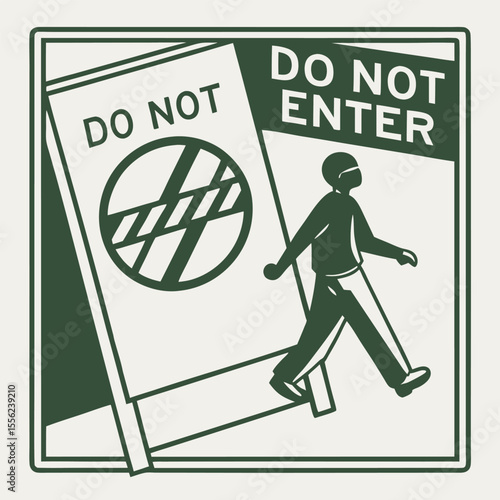 Graphic illustration of a person walking past a do not enter sign with prohibition symbol