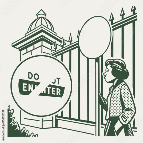 Woman encounters a do not enter sign at a closed gate of a building