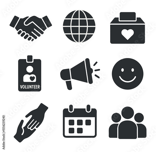 Community Outreach Icons. Solid, filled icons set of community outreach programs: handshake, globe icon,