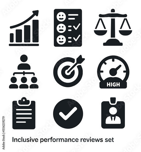 Inclusive Performance Icons. Solid, filled icons set of inclusive performance reviews: graph icon, feedback