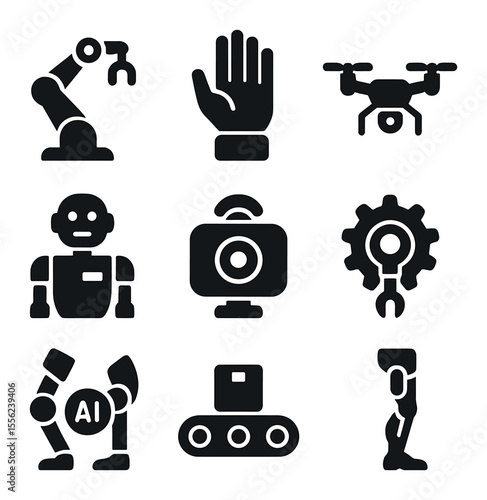 Robotics Icon Collection. Solid, filled icons set of robotics: robotic arm, bionic hand, drone, robot torso,