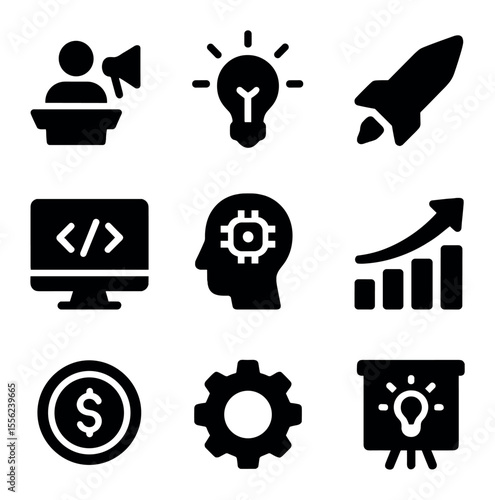 Tech Startup Icons. Solid, filled icons set of tech startup icons: pitch icon, innovation bulb, launch arrow,