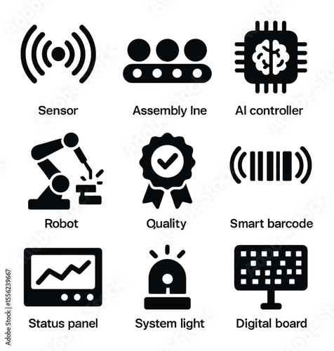 Smart Manufacturing Icons. Solid, filled icons set of smart manufacturing: sensor icon, assembly line, AI