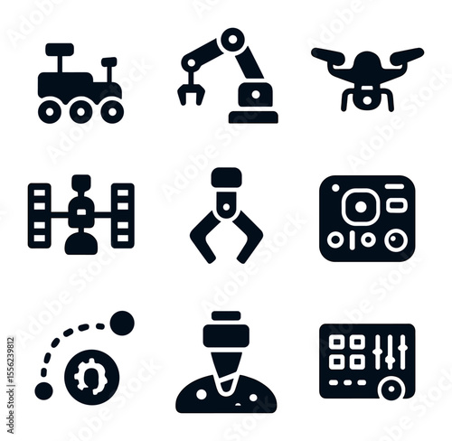 Robotics in Space Icons. Solid, filled icons set of robotics in space: rover bot, satellite arm, drone wing,