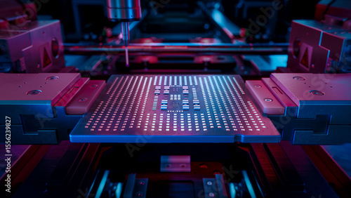 Foto Close-up of Microchip on Conveyor Line during Production and Packaging Process on Semiconductor Fab Processor at Engineering Lab