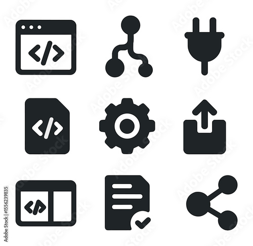Coding Platform Icons. Solid, filled icons set of coding platforms: IDE window, version control, plugin icon,