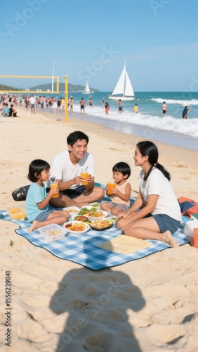 Family enjoying a picnic on a sunny beach with sailboats in the background