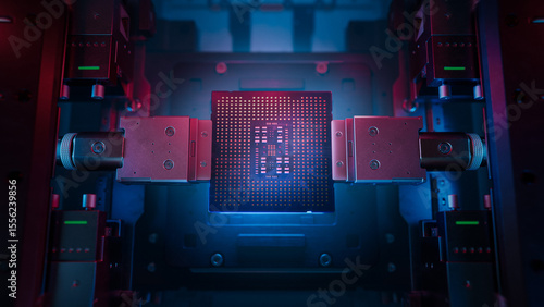 Photos Top View of Computer Chip illuminated with Red Light in Industrial Environment