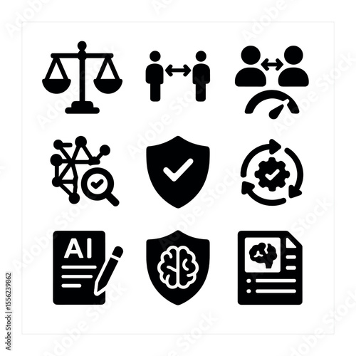Ethical AI Icon Set. Solid, filled icons set of ethical AI: balance scale, fairness icon, bias meter,