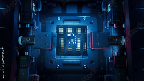 Fényképezés Top View of Computer Chip on Conveyor Line during Production and Packaging Process on Semiconductor Fab