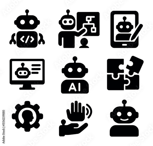 Robotics Education Icons. Solid, filled icons set of robotics in education: coding bot, classroom robot,