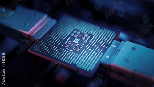 Photos Macro Shot of Advanced Computer Chip illuminated with Red Light in Industrial Environment