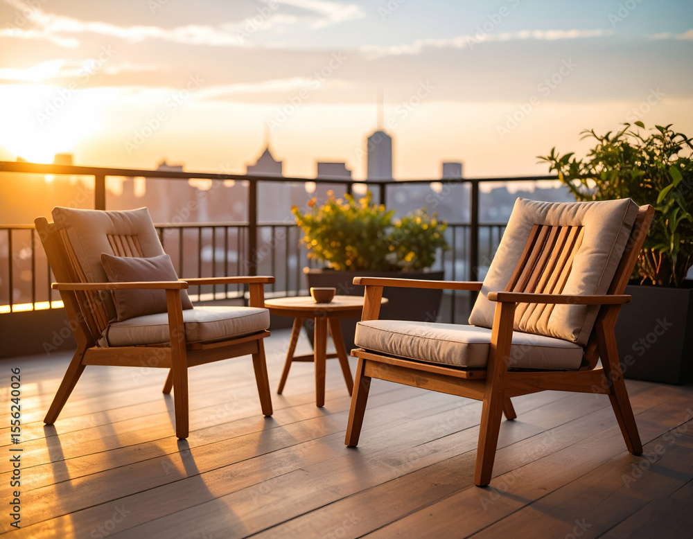 Fototapeta premium Sunrise City View from Rooftop Deck with Wooden Chairs