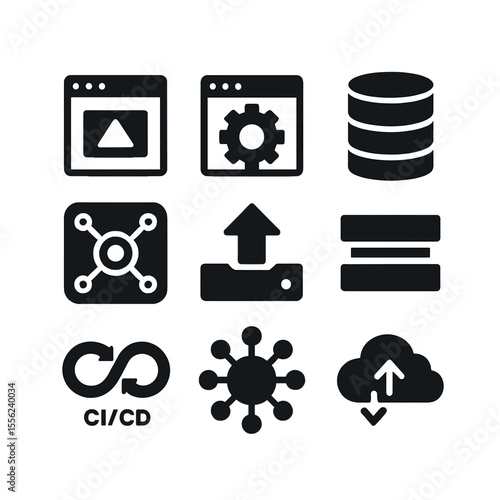 Tech Icon Grid. Solid, filled icons set of technology stacks: front-end icon, back-end gear, database box, API