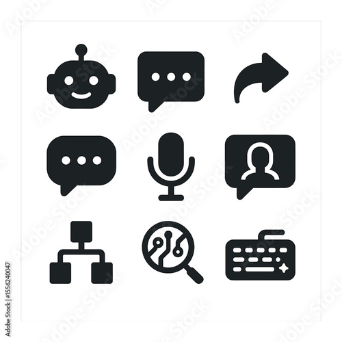 AI Chatbot Icons. Solid, filled icons set of AI-powered chatbots: chatbot face, message bubble, reply icon,