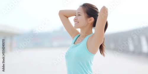 Free Download Diversity in Exercise & Wellness aerobics concept. Joyful woman stretching outdoors in athletic wear. - GFXLoad
