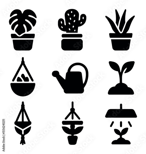 Indoor Plant Icons. Solid, filled icons set of indoor houseplants: monstera pot, cactus jar, succulent tray,