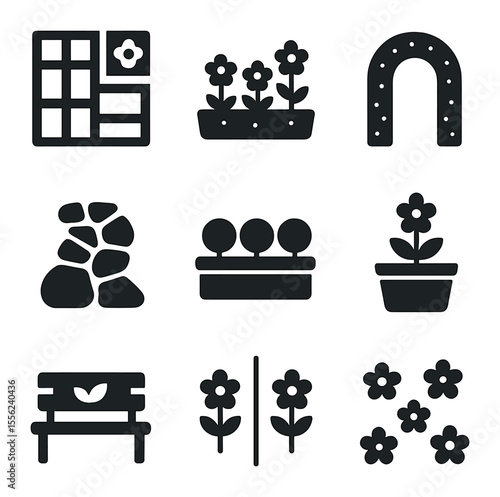 Garden Icon Collection. Solid, filled icons set of garden design motifs: layout grid, flower bed, hedge arch,