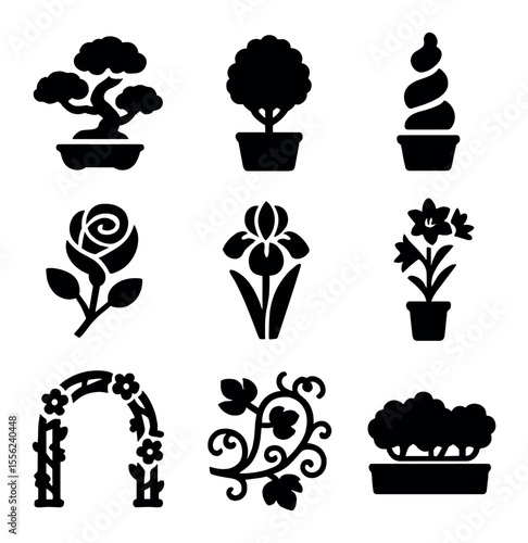 Ornamental Plant Icons. Solid, filled icons set of ornamental plants: bonsai, boxwood, topiary spiral,