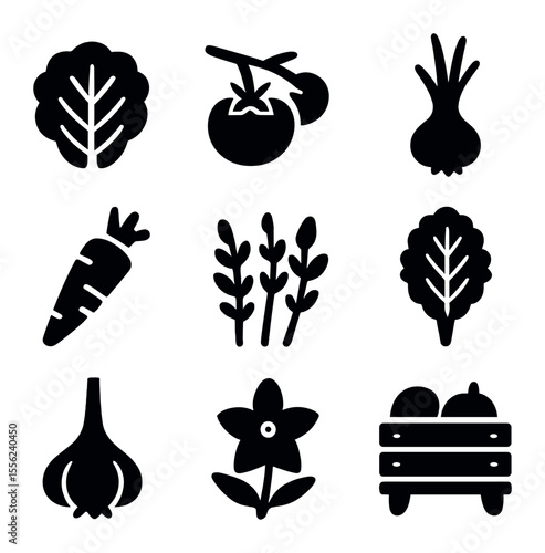 Edible Plant Icons. Solid, filled icons set of edible plants: lettuce leaf, tomato vine, onion bulb, carrot