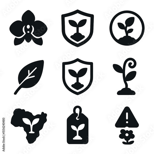Endangered Plant Icons. Solid, filled icons set of endangered plant species: rare orchid, seedling shield,